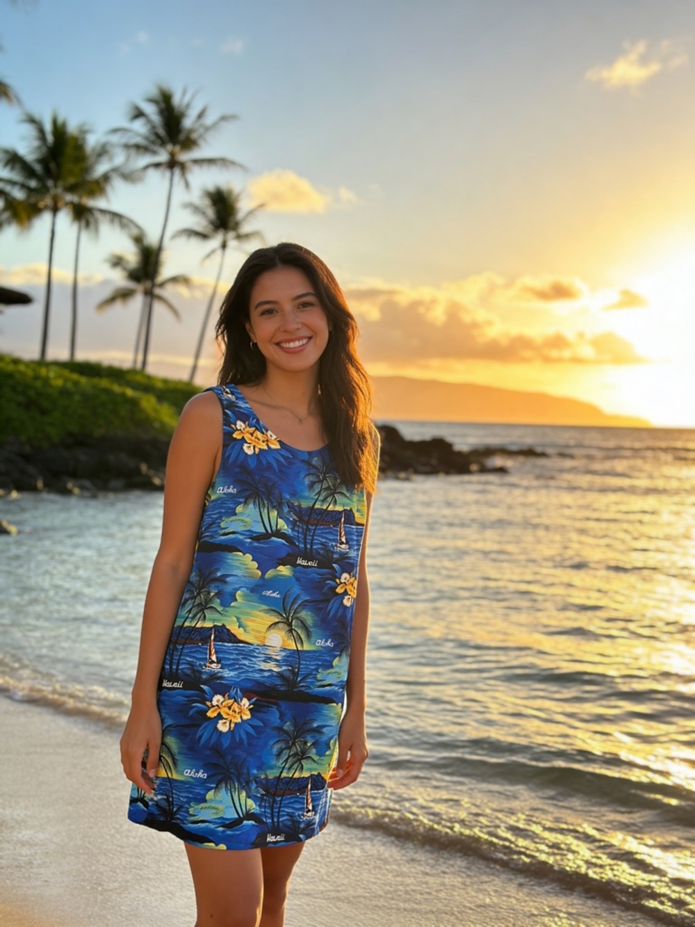 Women's Blue Tropical Dress with Yellow Floral Accents